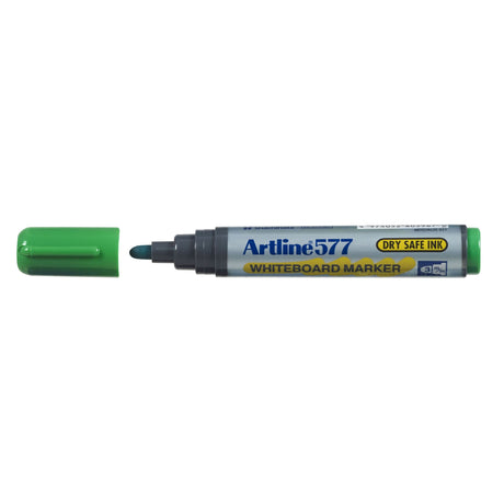 Artline 577 Green 2mm bullet nib markers in a pack of 12, featuring dry safe, low odour, bold pigment ink for whiteboards.