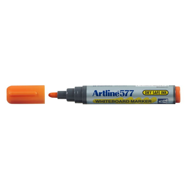 Artline 577 Orange Whiteboard Markers, 2mm nib, 12-pack, with dry safe ink for vibrant, bold writing and low odour.