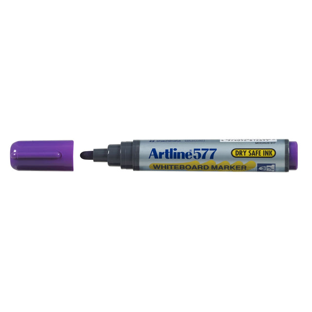 Purple Artline 577 whiteboard markers with 2mm bullet nib, featuring low odour, dry safe ink, pack of 12 units.