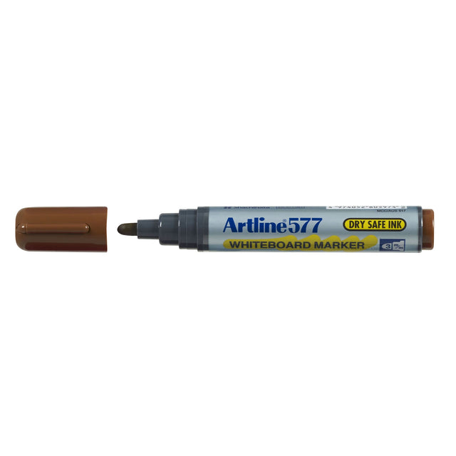 Artline 577 Brown Whiteboard Markers set of 12 with 2mm bullet nibs, low odour ink, and dry safe formula for lasting use.