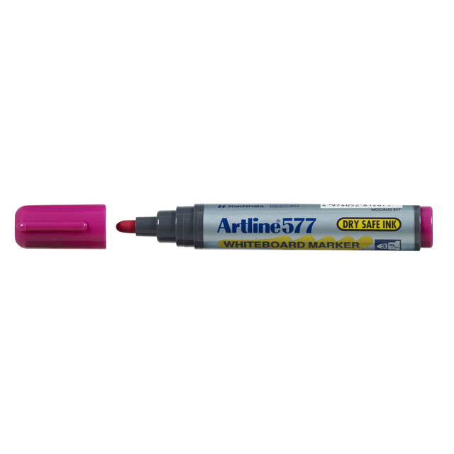 Artline 577 Whiteboard Marker pack of 12 in pink, featuring a 2mm bullet nib and dry safe ink for bold, low-odour markings.