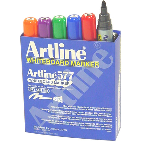 Artline 577 Whiteboard Markers set of 12 in vibrant colors with 2mm bullet nib, featuring dry safe, low-odor ink.