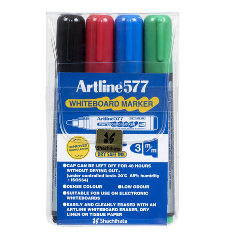 Artline 577 markers in assorted colors feature a 2mm bullet nib, dry safe ink, and low odour for vibrant, reliable writing.