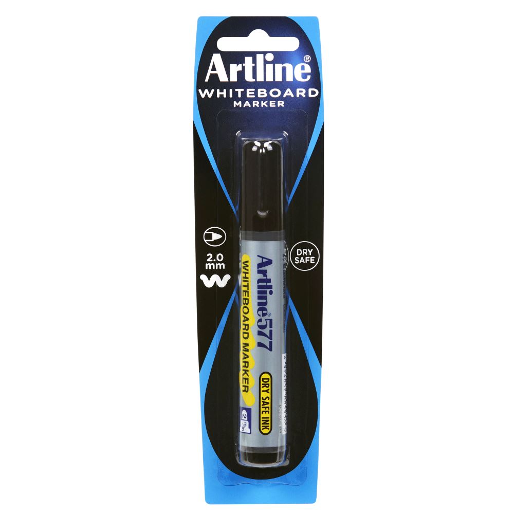 Artline 577 Black Whiteboard Marker with 2mm bullet nib, dry safe ink, low odour, ideal for precision writing and drawing.