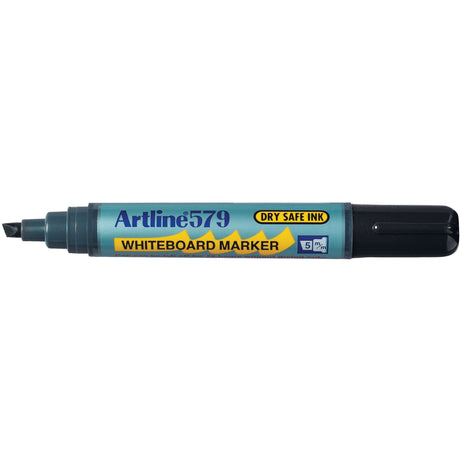 Artline 579 Whiteboard Markers with 5mm chisel nib in black, 12-pack, featuring dry safe, low-odour ink for vibrant writing.