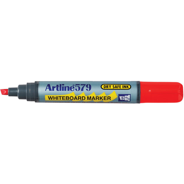 Artline 579 Red Whiteboard Marker set of 12, featuring a 5mm chisel nib for versatile writing and dry safe ink formula.