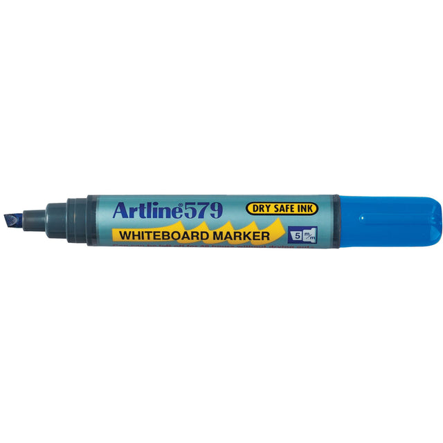 Artline 579 blue whiteboard marker set of 12, features a 5mm chisel nib with dry safe, low-odor ink for versatile use.