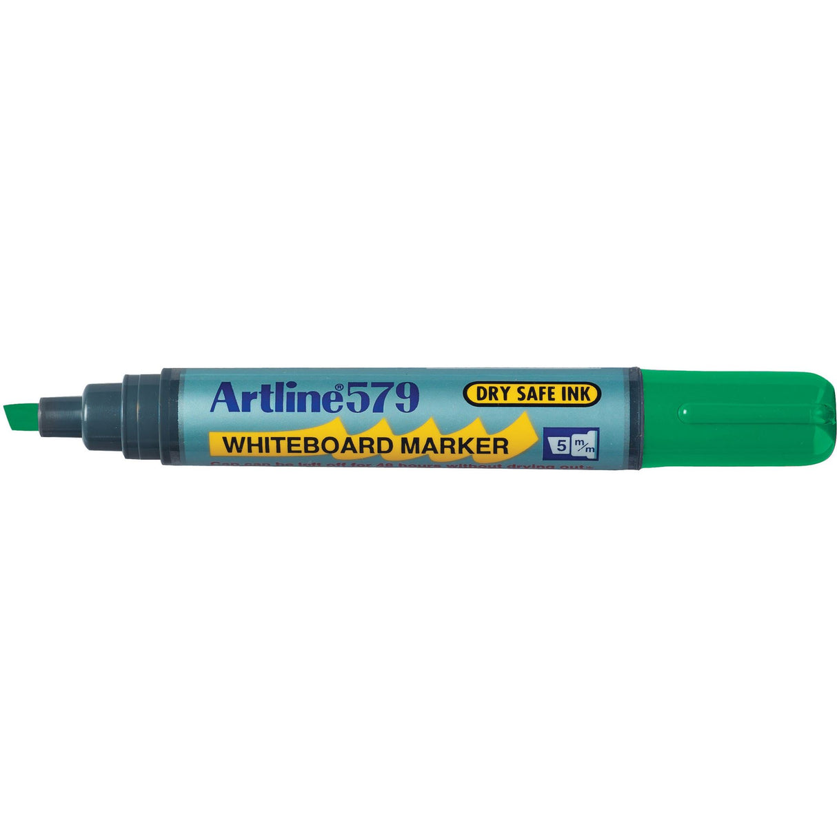 Artline 579 green whiteboard markers with 5mm chisel nib, 12-pack; dry safe, vibrant, and low odor ink for versatile use.