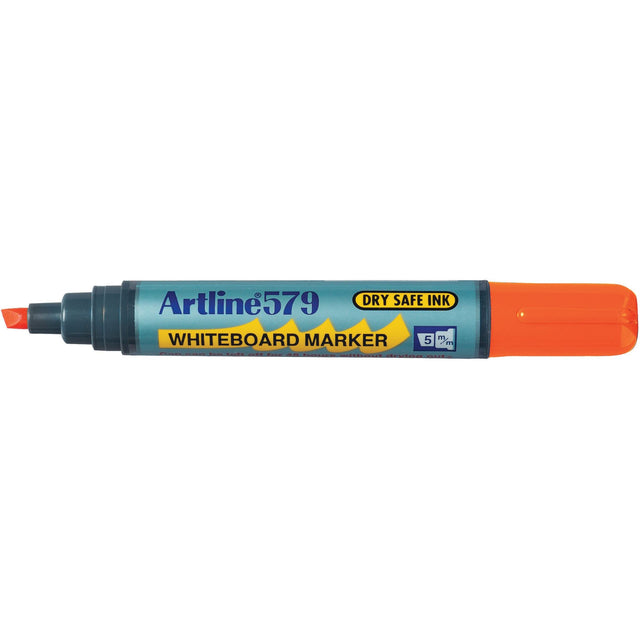 Artline 579 Orange Whiteboard Markers pack of 12 with 5mm chisel nib for bold, low-odour writing on whiteboards.