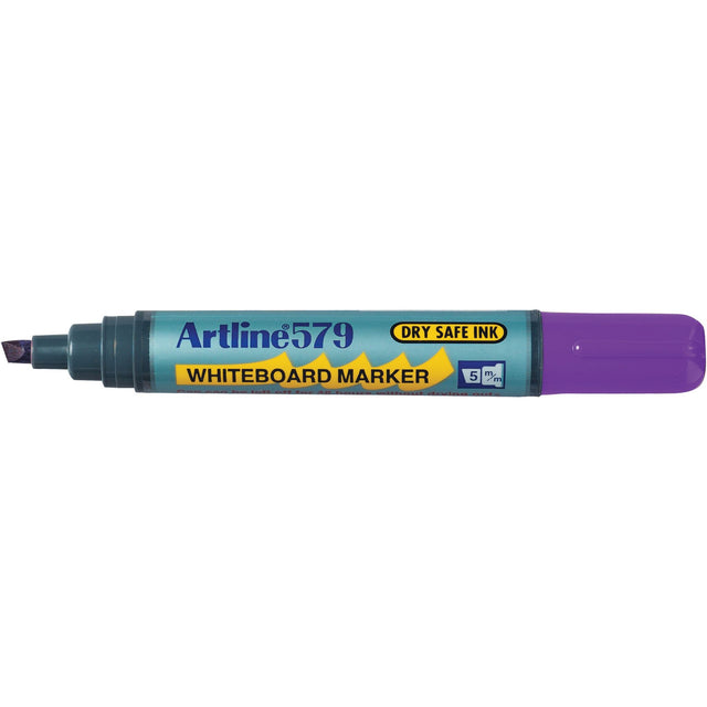 Vibrant purple Artline 579 whiteboard markers with 5mm chisel nib, ideal for bold lines; pack of 12, dry safe for 48 hours.