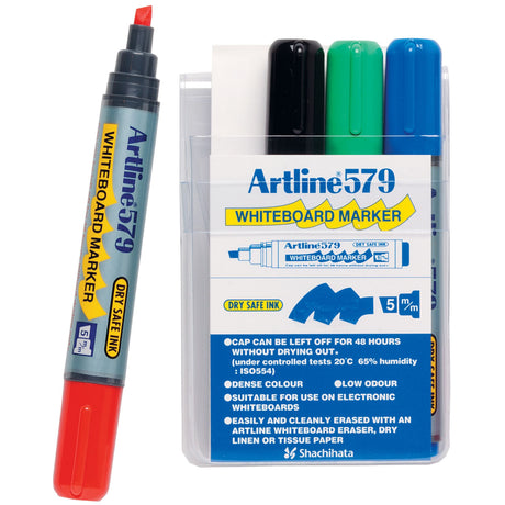 Artline 579 Whiteboard Marker set features 5mm chisel nibs in assorted colors, ideal for presentations and brainstorming.