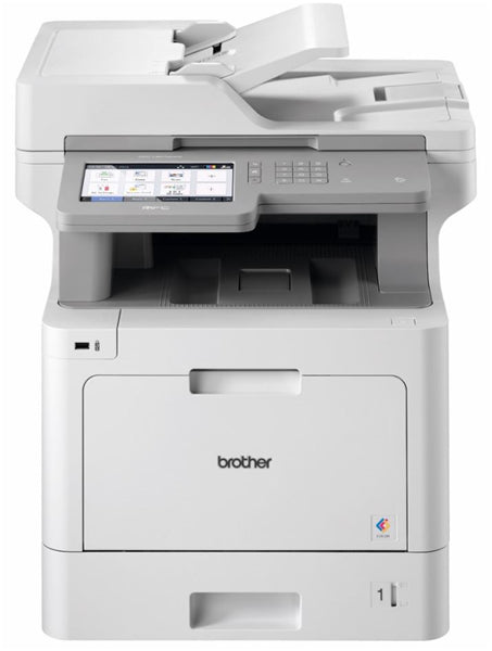 Brother MFCL9570CDW multifunction printer with Wi-Fi, 31ppm speed, 17.6cm touchscreen, and 250-sheet input tray.