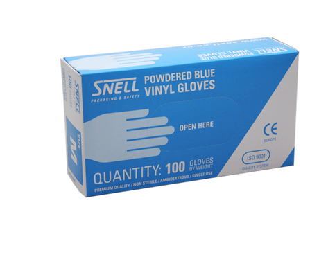 Blue vinyl disposable gloves (medium) in a pack of 100, featuring durability, comfort, and ambidextrous design for versatile use.