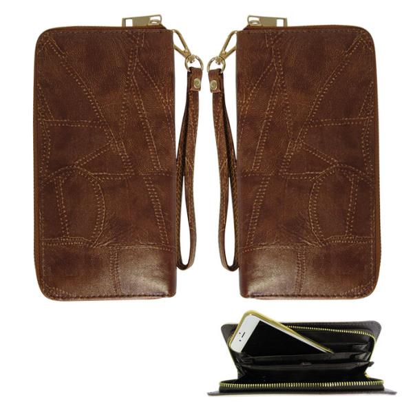 Tan RFID wallet with soft PU leather, blocking tech, hand strap, and space for a smartphone, ensuring style and security.