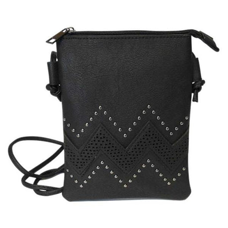 Chic black PU shoulder bag with wave and pearl design, zip top, back pocket, and adjustable strap for versatile styling.
