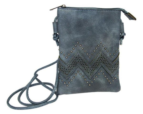 Soft blue leather-look shoulder bag featuring a wave and pearl stud design, zip top, and convenient back pocket.