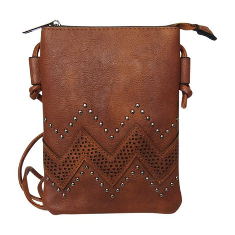 Stylish dark tan shoulder bag with wave and pearl stud design, spacious zip-top main compartment, and convenient back pocket.