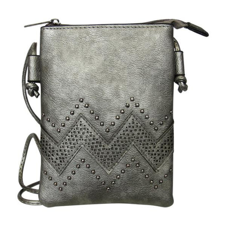 Soft silver leather-look shoulder bag with wave and pearl stud design, zip top, and external pocket for essentials.