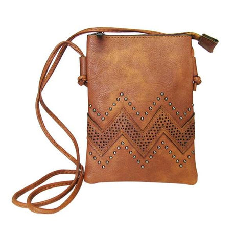 Soft tan leather-look shoulder bag with wave design and pearl studs, featuring a zip top, spacious interior, and handy back pocket.