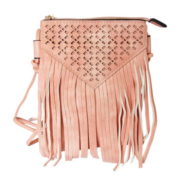 Soft pink rose shoulder bag with tassels, zip closure, and convenient back pocket for stylish everyday use.