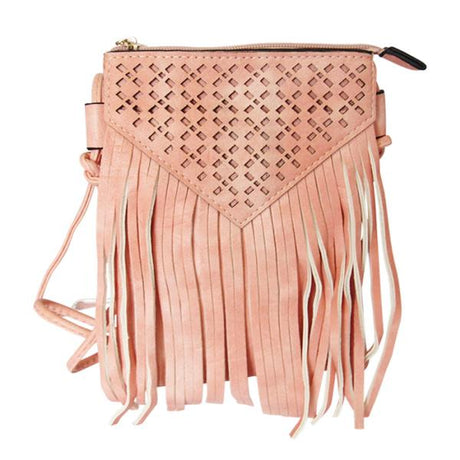 Soft pink rose shoulder bag with tassels, zip closure, and convenient back pocket for stylish everyday use.