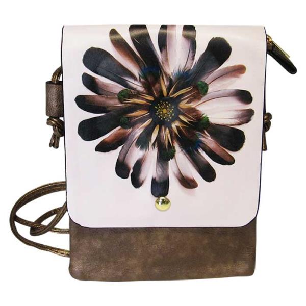 Soft leather-look shoulder bag featuring vibrant floral art, zip top closure, and convenient back pocket for essentials.