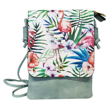 Vibrant tropical design shoulder bag in soft PU with zip top, spacious compartment, adjustable strap, and back pocket.