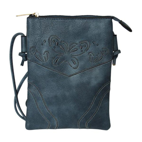 Soft blue shoulder bag with butterfly design, zip top, spacious main compartment, and adjustable 67 cm strap.