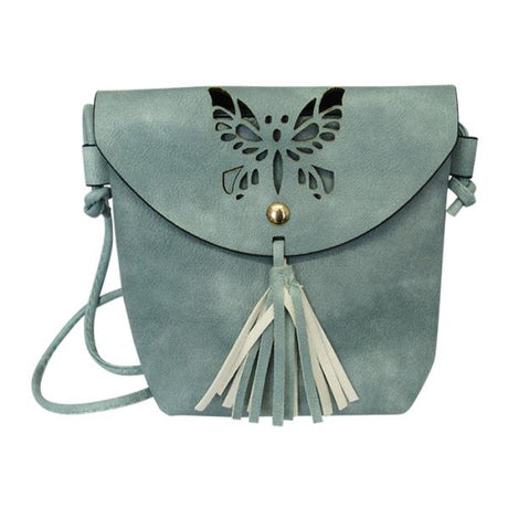 Soft light blue PU shoulder bag with butterfly cut-out, tassel design, zip closure, and 67 cm strap for versatile wear.