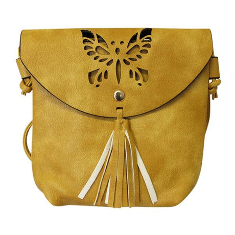 Stylish mustard shoulder bag with cut-out butterfly design, tassel detail, zip top, and handy back pocket for essentials.