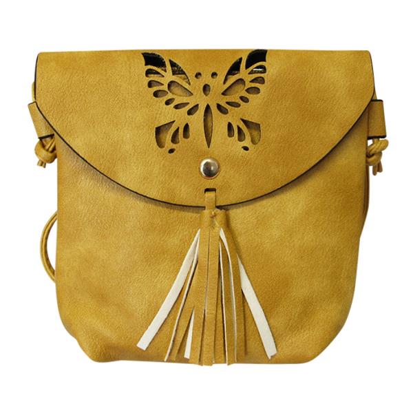 Stylish mustard shoulder bag with cut-out butterfly design, tassel detail, zip top, and handy back pocket for essentials.
