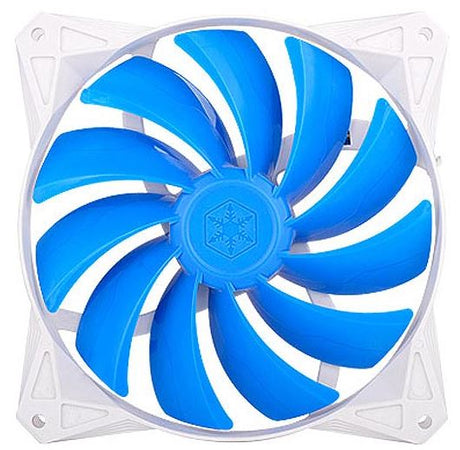 SilverStone FQ141 PWM Fan 140mm with blue blades and white frame, designed for optimal cooling and whisper-quiet operation.