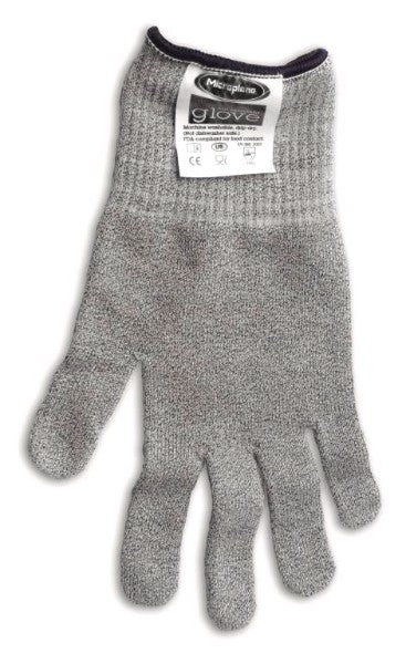 Cut-resistant Microplane glove for safe food prep, lightweight, seamless, fits most hands, ideal for using sharp tools.