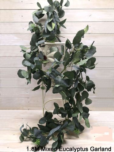 Mixed Eucalyptus Garland (1.8M) showcasing lush, high-quality artificial leaves perfect for elegant home decor and event settings.