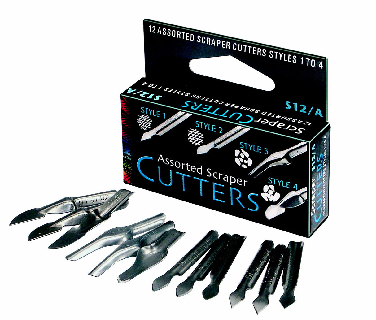 Box of 12 high-carbon steel Lino Cutters for creating fine lines and intricate details in printmaking projects.