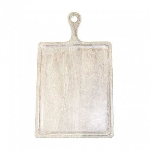 Rectangular white serving board with handle, crafted from mangowood, perfect for serving appetizers and charcuterie.