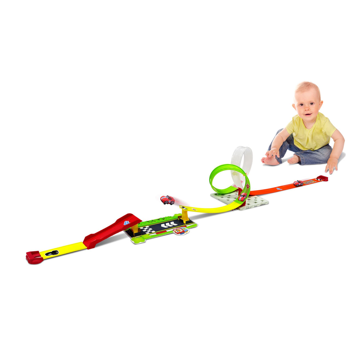 Colorful toddler play set featuring a motorized vehicle that races through exciting loops, designed for kids aged 2-5.