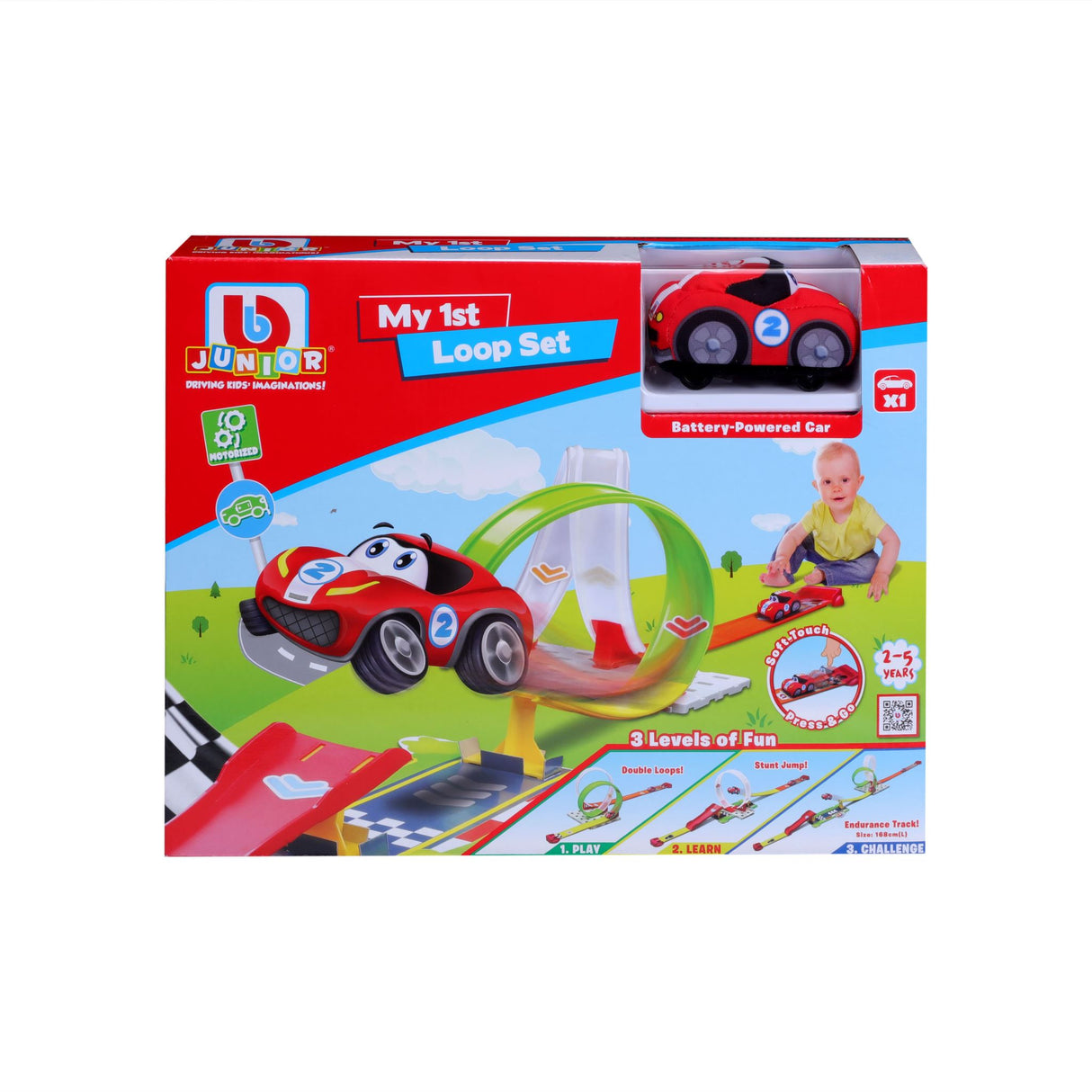 BB JUNIOR MY 1ST LOOP SET featuring a motorized vehicle racing through vibrant loops, designed for toddlers aged 2-5 years.