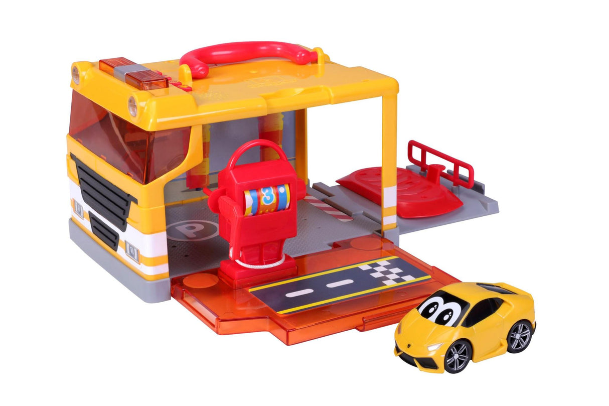 Vibrant toy garage with service station, gas pump, vehicle lift, and interactive lights/sounds for toddler play.