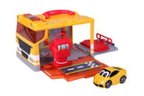 Vibrant toy garage with service station, gas pump, vehicle lift, and interactive lights/sounds for toddler play.