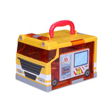 Brightly colored playset featuring a portable garage, service station, gas pump, and interactive lights and sounds for toddlers.