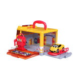 Colorful Carry Along Garage playset with service station, gas pump, vehicle lift, and interactive lights and sounds for toddlers.