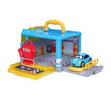 Brightly colored Carry Along Garage playset with service station, gas pump, vehicle lift, and fun lights and sounds.