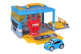 Colorful carry-along garage toy for toddlers, featuring a service station, gas pump, vehicle lift, lights, and sounds.