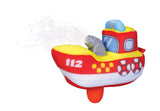 Colorful BB JUNIOR SPLASH 'N PLAY FIRE BOAT designed for toddlers, sprays water for fun rescue missions in pools or backyards.