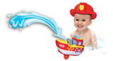 Colorful fire rescue boat for toddlers, designed for water play and skill development, 21 cm long and quick-drying.