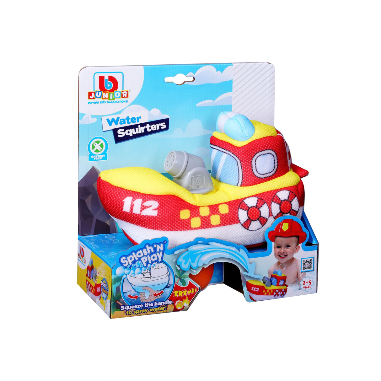 Vibrant BB JUNIOR SPLASH 'N PLAY FIRE BOAT for toddlers, designed for water spraying fun and imaginative rescue missions.