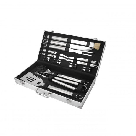 "Avanti BBQ Tool Set with 18 stainless steel pieces, including essential grilling tools, in a compact foldable case."