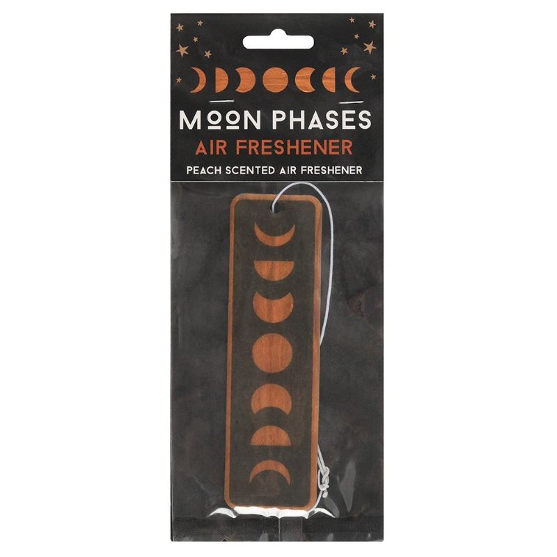 Moon phases air freshener with peach scent, featuring elegant prints on faux wood, perfect for home or car decor.