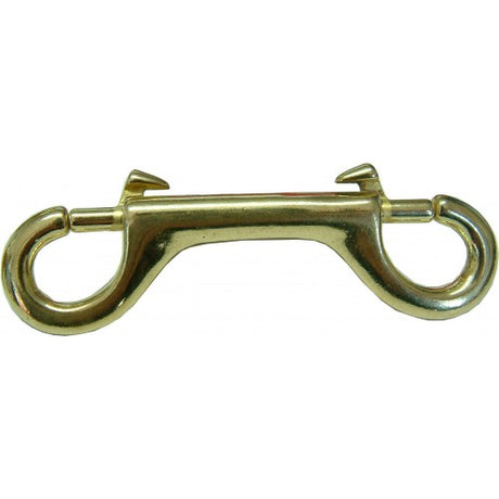 Polished brass double end snap hook, 4 inches long, perfect for fastening chains and ropes in outdoor settings.